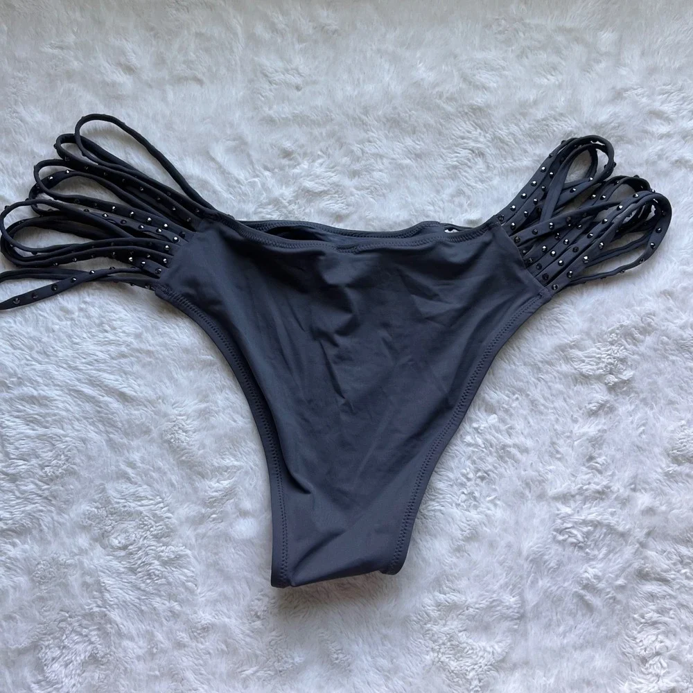SKIMS Rhinestone Swim Strappy Bikini Bottom Gunmetal BB-CKY-3185 Womens 3X NEW